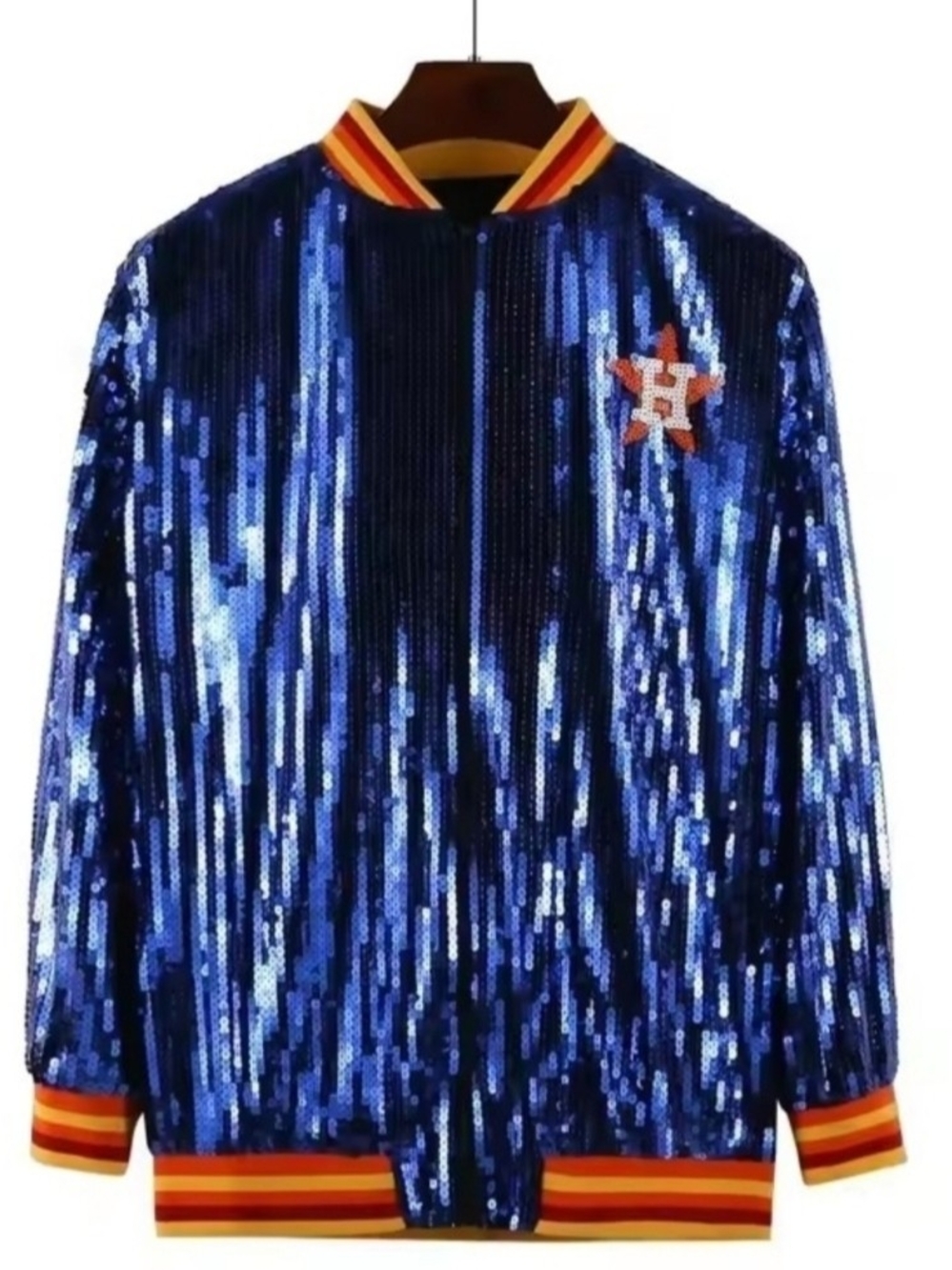 Ladies Blue Sequined Houston Astros Bomber Jacket with Striped Trim